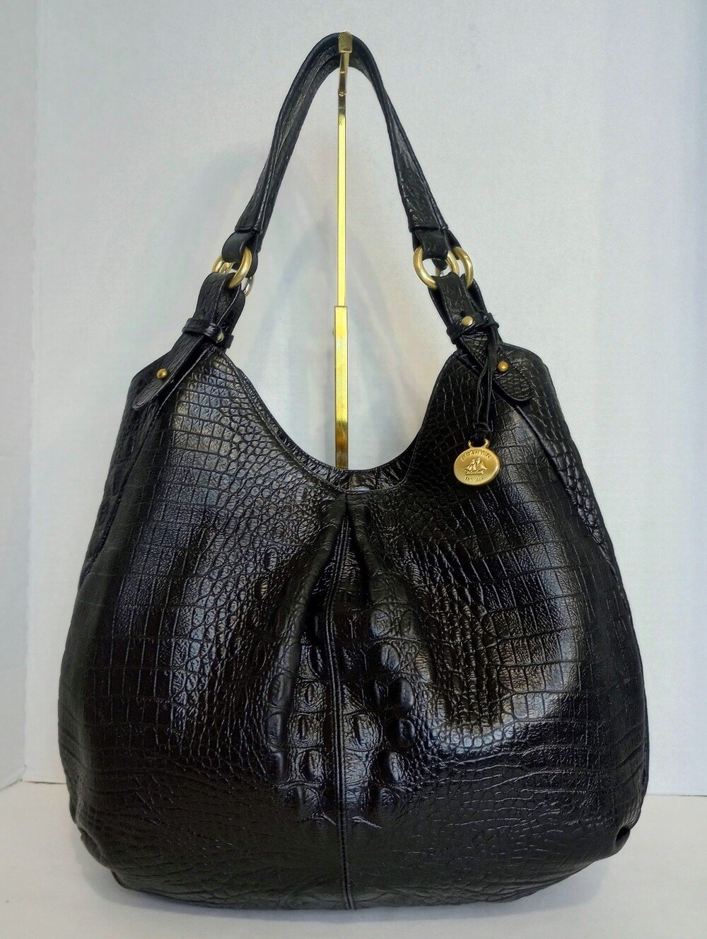 Brahmin Black Melbourne Jacqueline Croc Embossed Leather Hobo Shoulder Bag